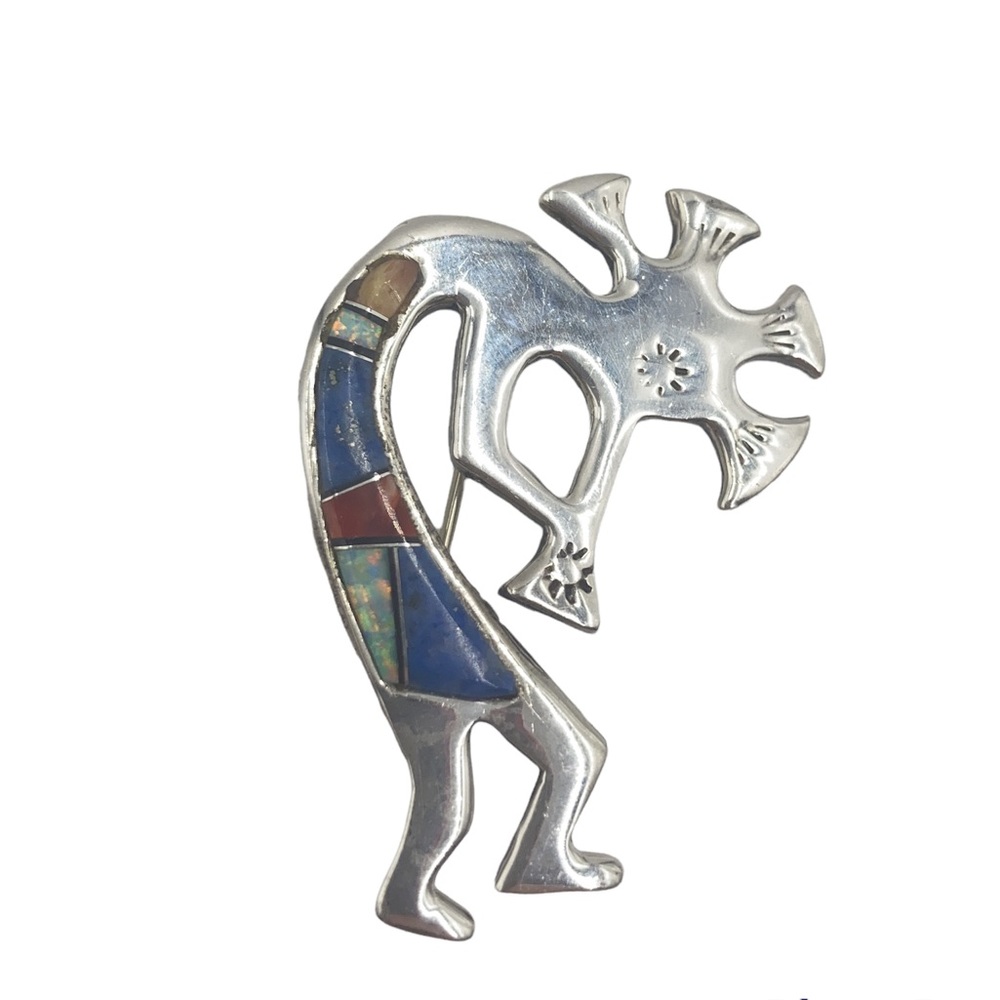 Kokopelli sterling silver brooch pin opal lapis spiny oyster gemstones signed GS